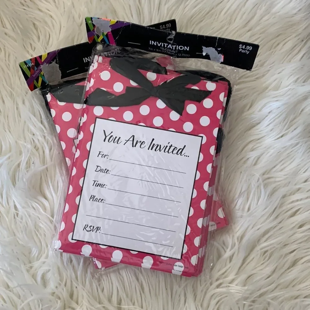 NIB 🎈 3 Pack of Party Invitational Cards with Black Bows on Pink Polka Dot